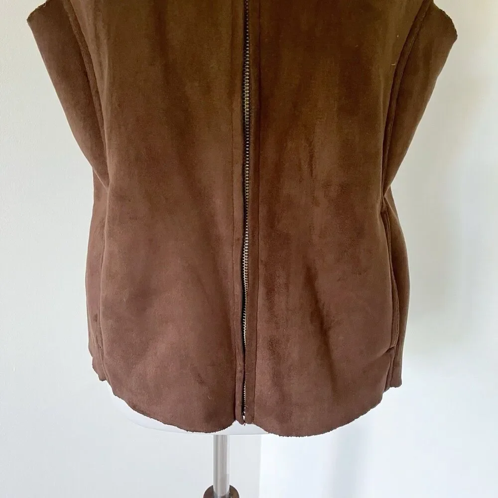 Sherpa Lined Lands End Zip Up Faux Suede Warm Vest Size M/P Medium Petite Brown